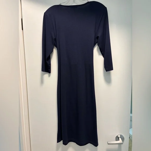 Navy Faux Wrap Cotton Blend Dress - Picture 2 of 8